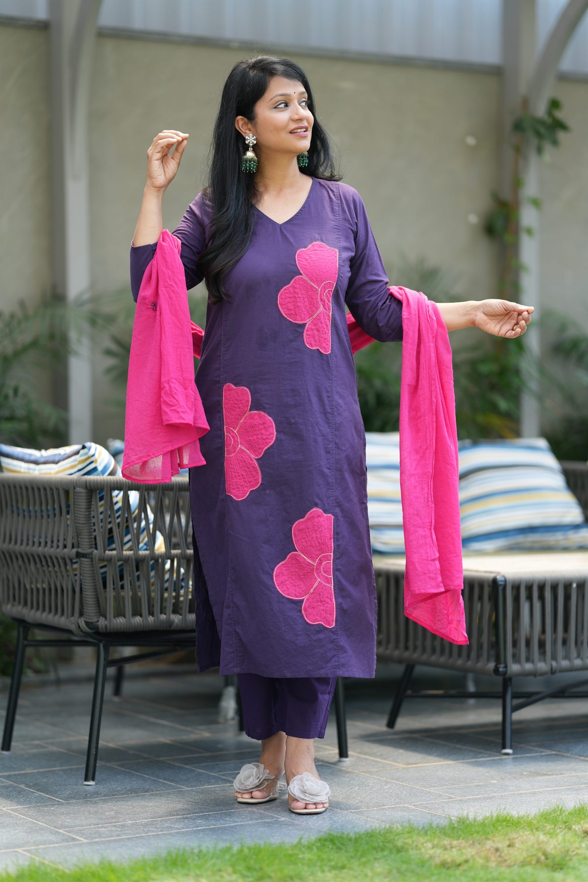 Kairali Purple Applique Cotton Suit Set