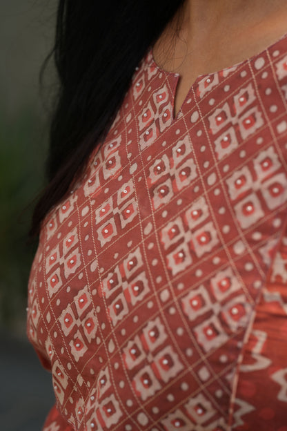 Orange Bagru Handblock Cotton Kurti