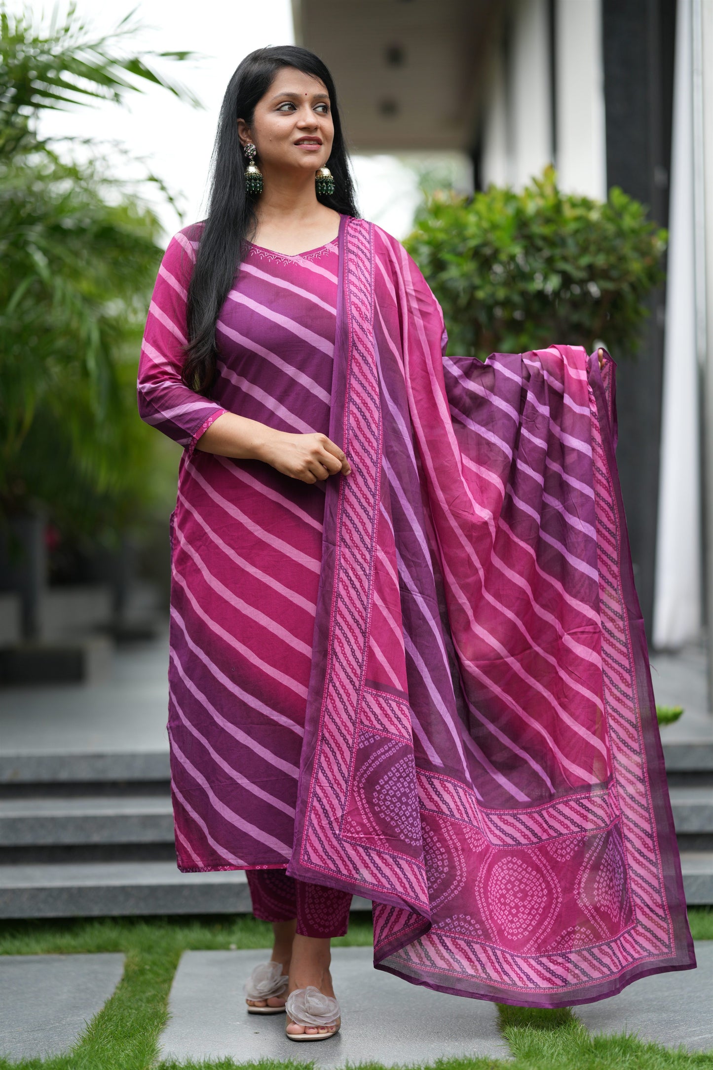 Wine Sawan Lehar Cotton Suit Set