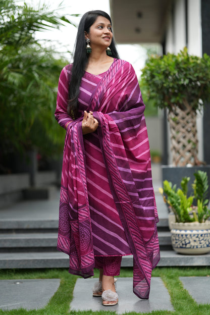Wine Sawan Lehar Cotton Suit Set