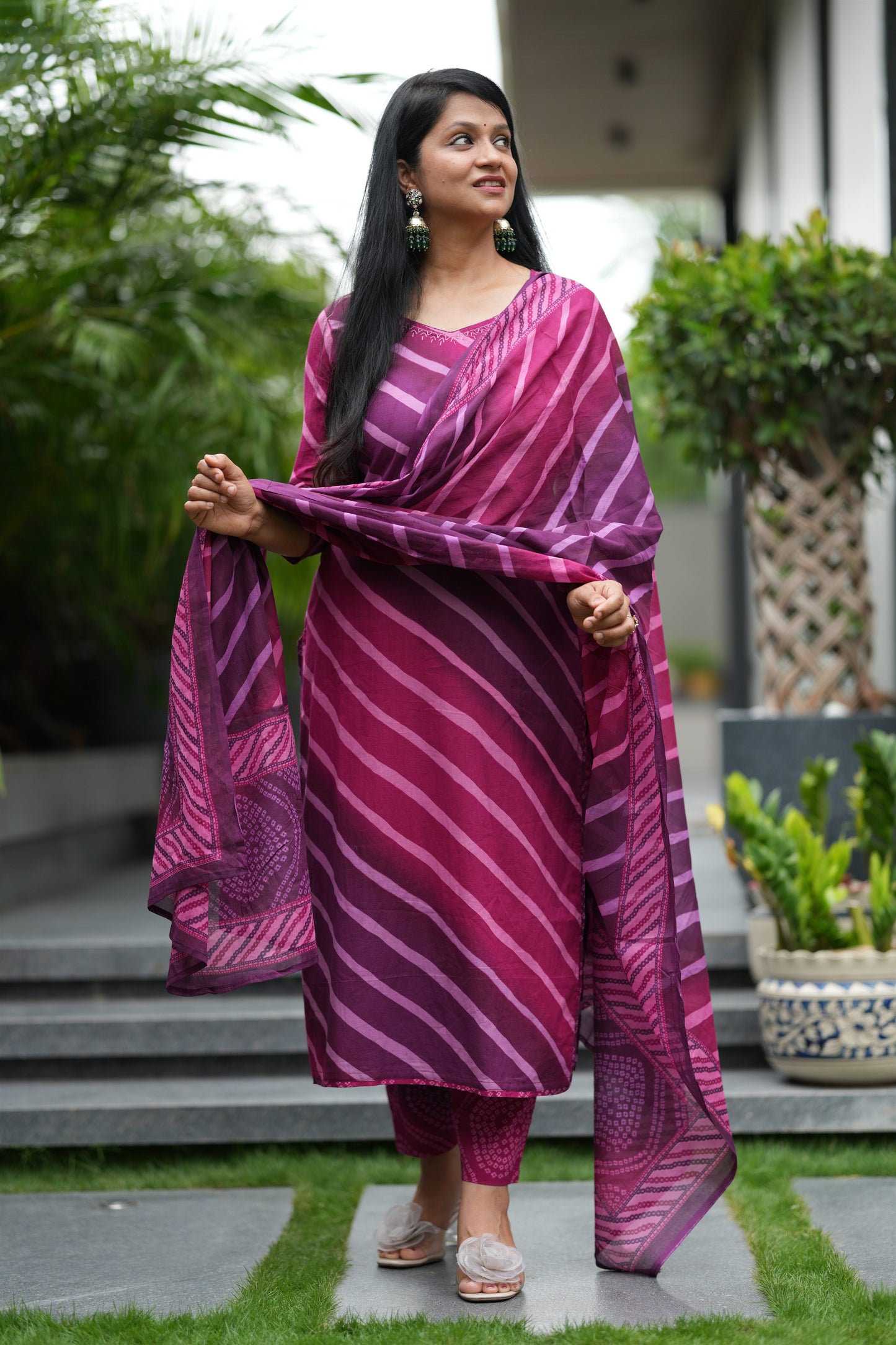 Wine Sawan Lehar Cotton Suit Set