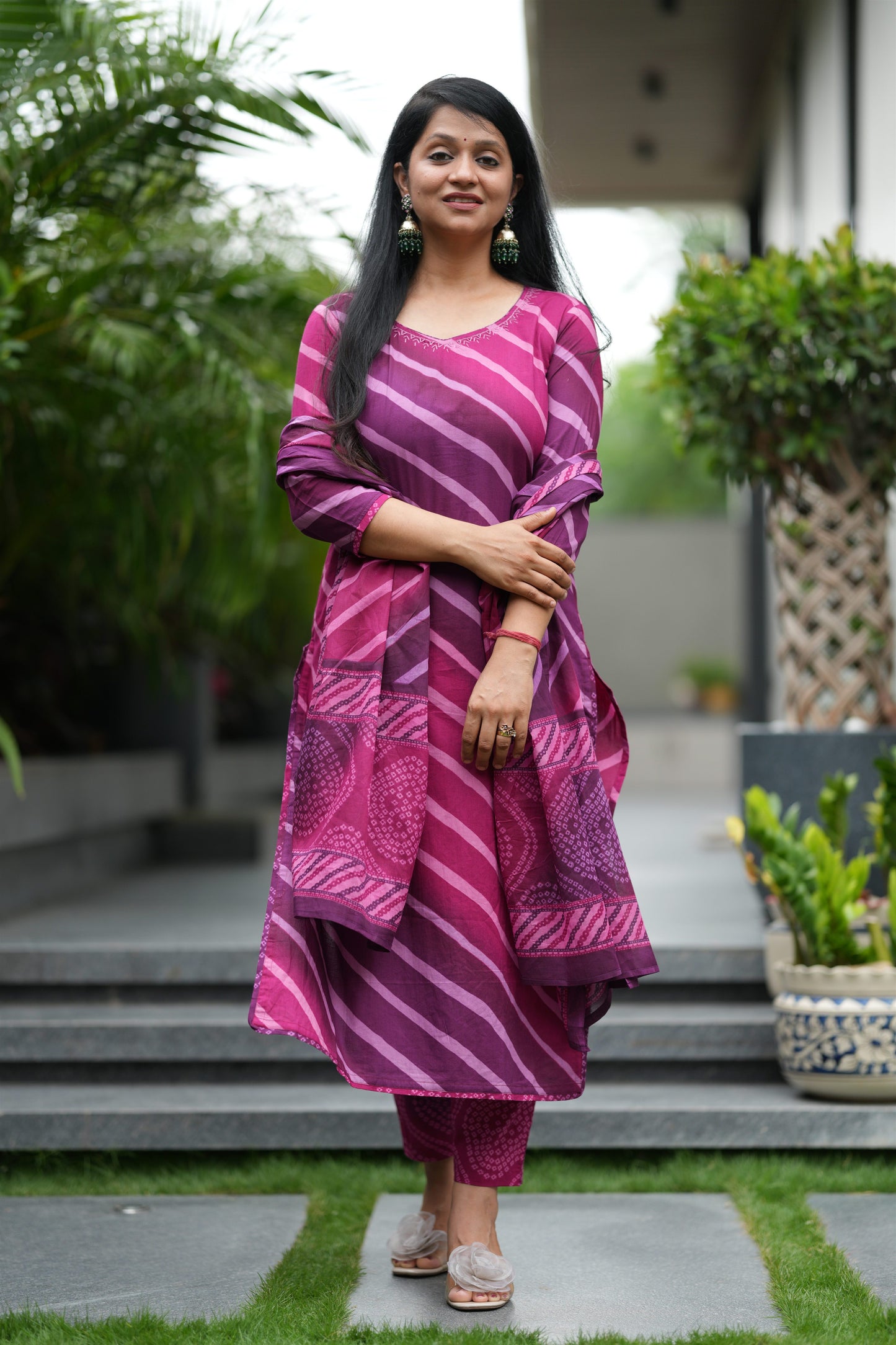 Wine Sawan Lehar Cotton Suit Set