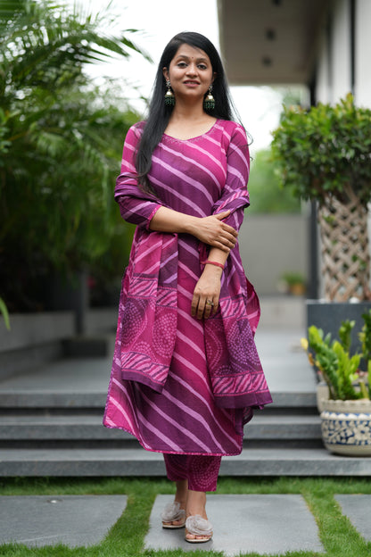 Wine Sawan Lehar Cotton Suit Set