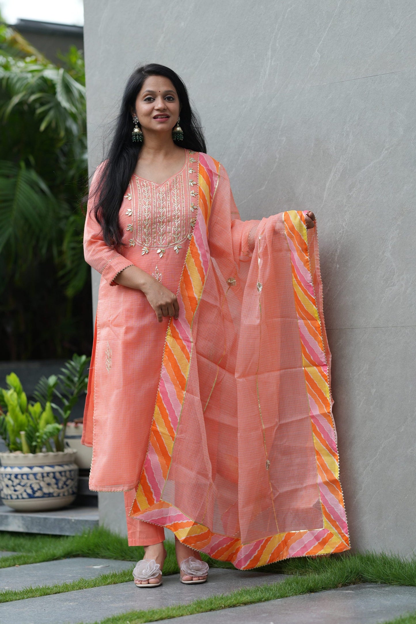 Peach Royale Kota Doria Suit Set