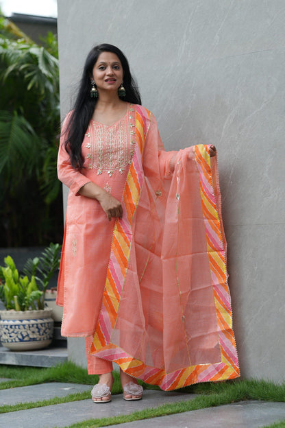 Peach Royale Kota Doria Suit Set