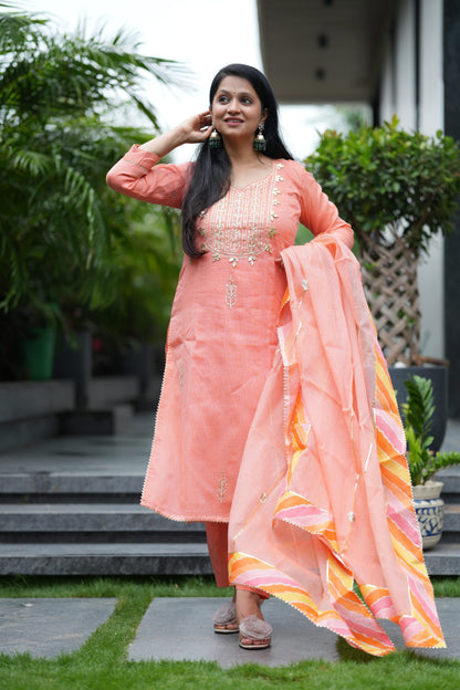 Peach Royale Kota Doria Suit Set