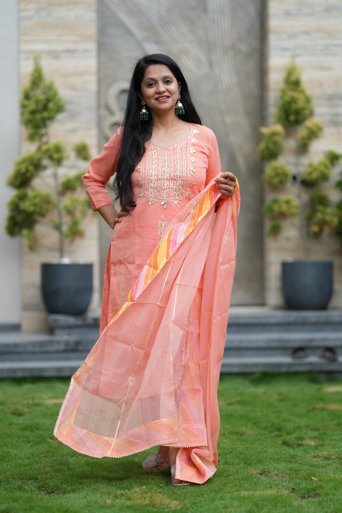 Peach Royale Kota Doria Suit Set