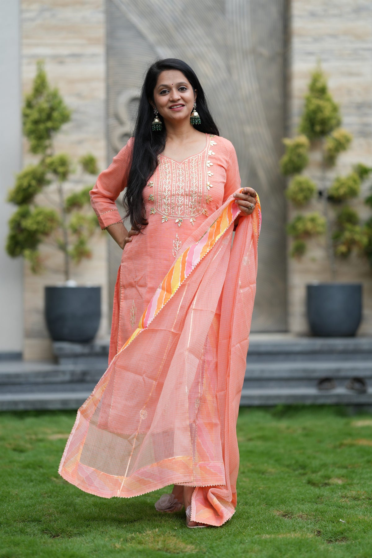 Peach Royale Kota Doria Suit Set