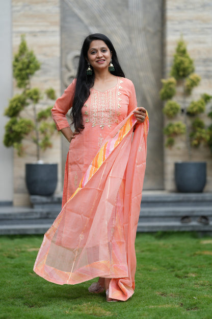 Peach Royale Kota Doria Suit Set