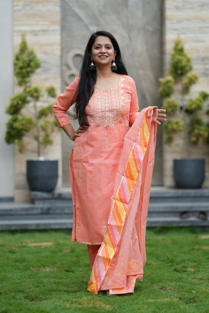Peach Royale Kota Doria Suit Set
