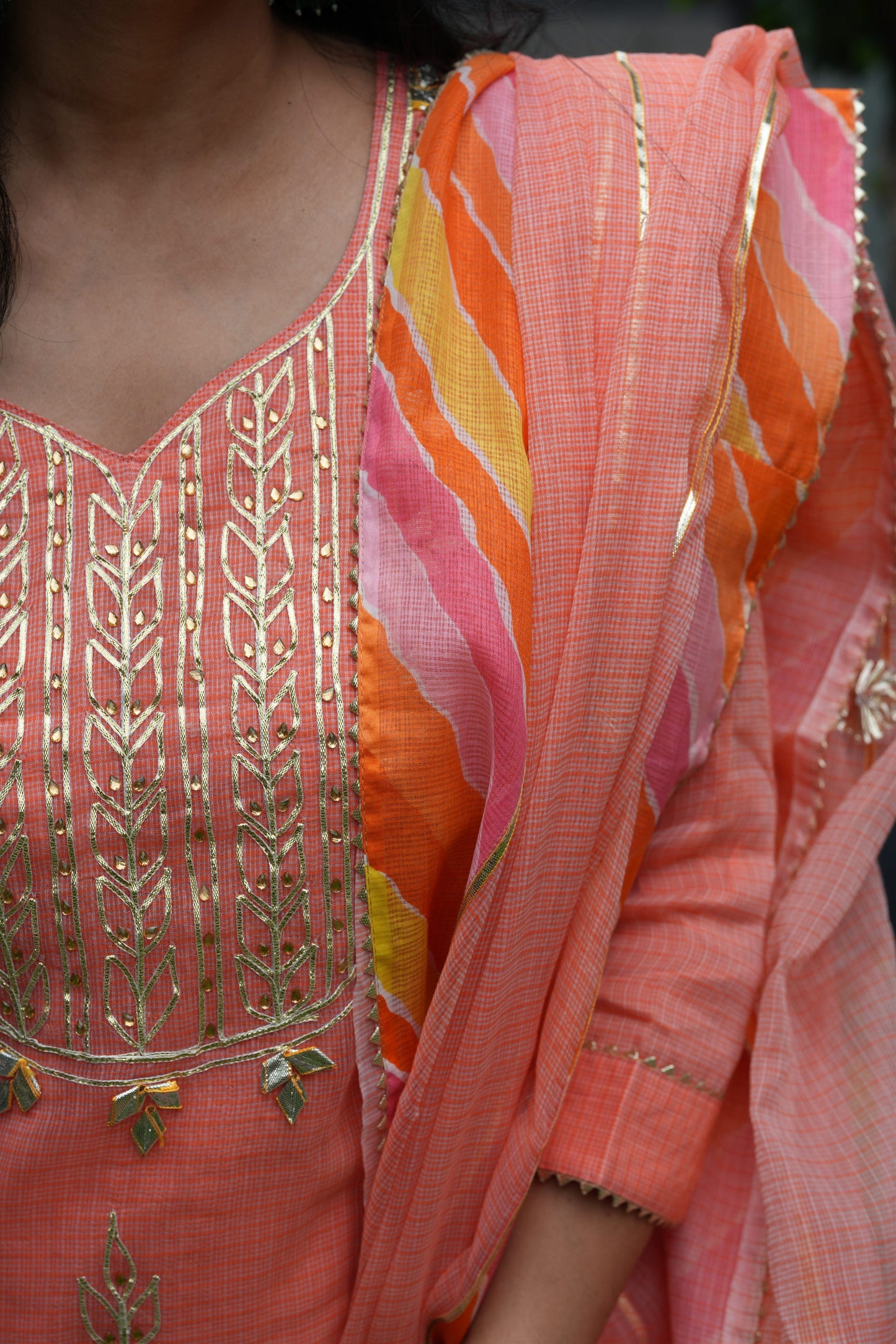 Peach Royale Kota Doria Suit Set