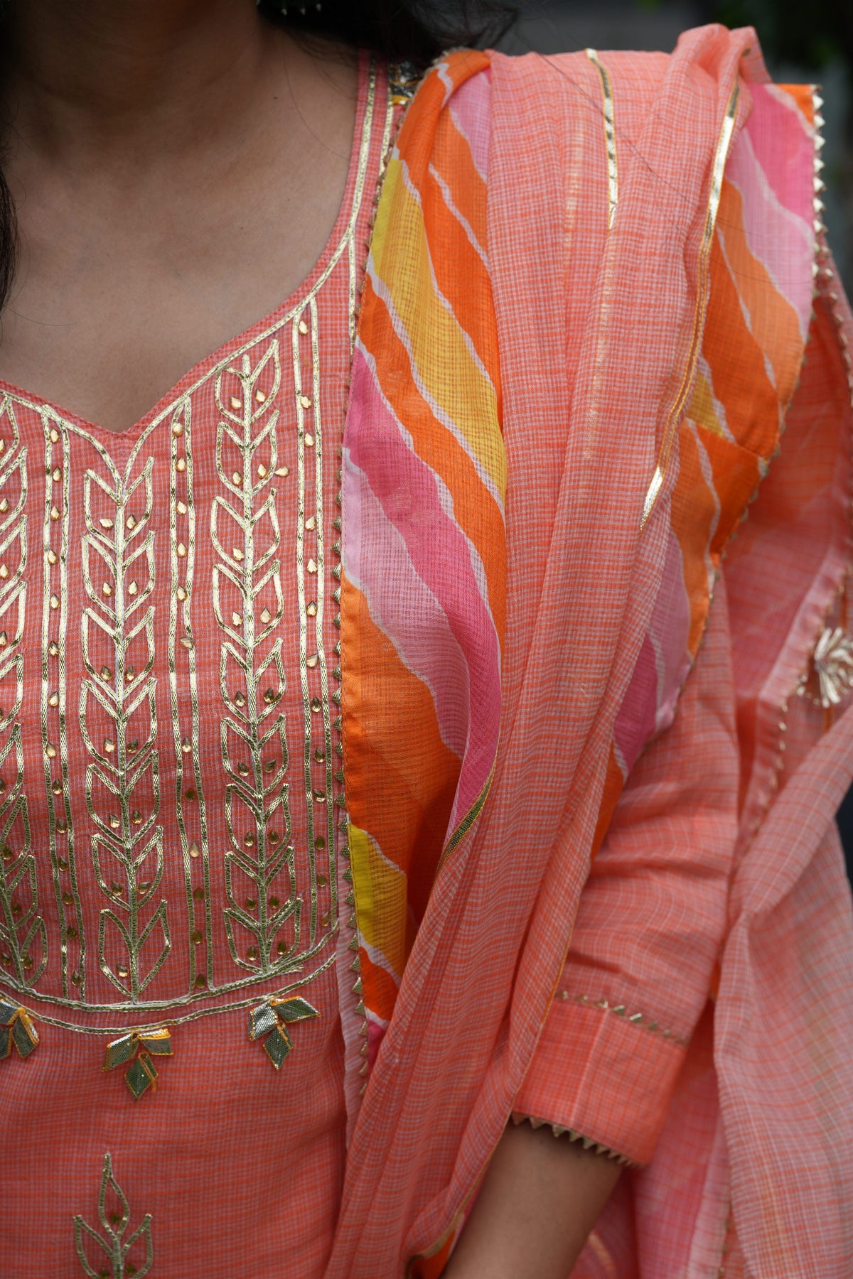 Peach Royale Kota Doria Suit Set