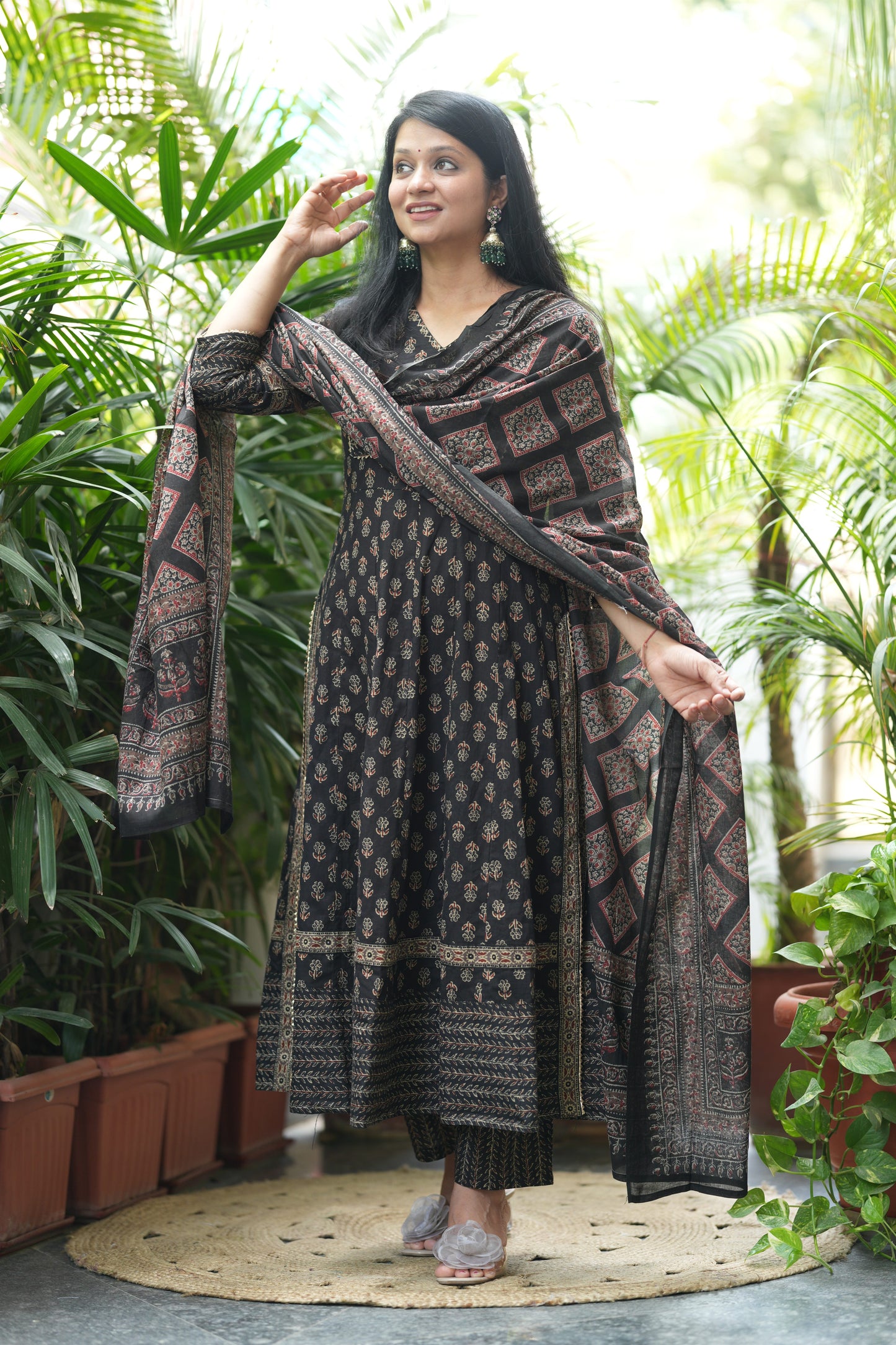 Nyra Cut Ajrakh Print Cotton Anarkali Suit Set