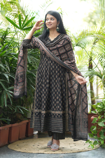 Nyra Cut Ajrakh Print Cotton Anarkali Suit Set