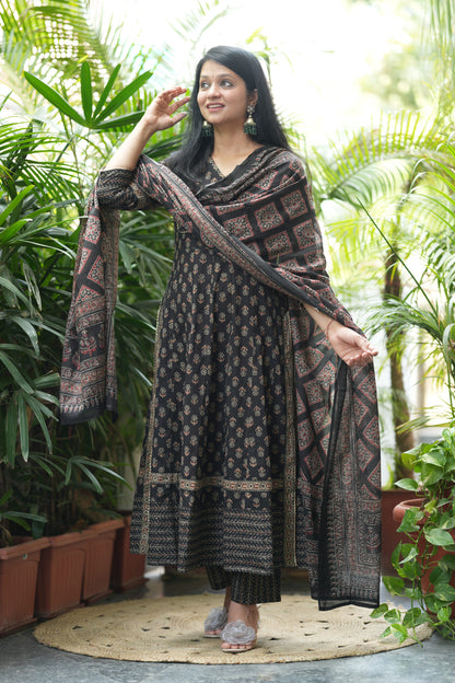 Nyra Cut Ajrakh Print Cotton Anarkali Suit Set