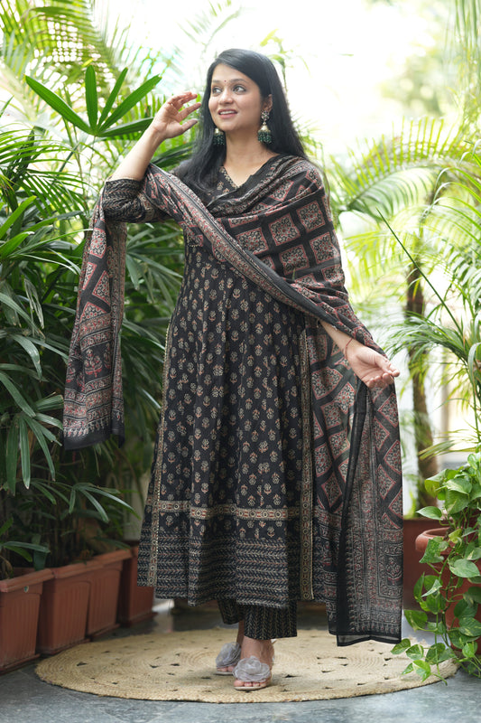 Nyra Cut Ajrakh Print Cotton Anarkali Suit Set