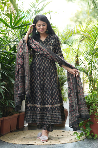 Nyra Cut Ajrakh Print Cotton Anarkali Suit Set