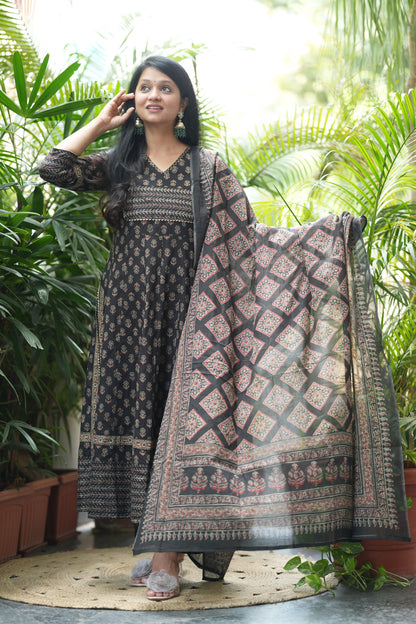 Nyra Cut Ajrakh Print Cotton Anarkali Suit Set