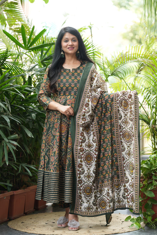 Adhira Green Cotton Anarkali Suit Set