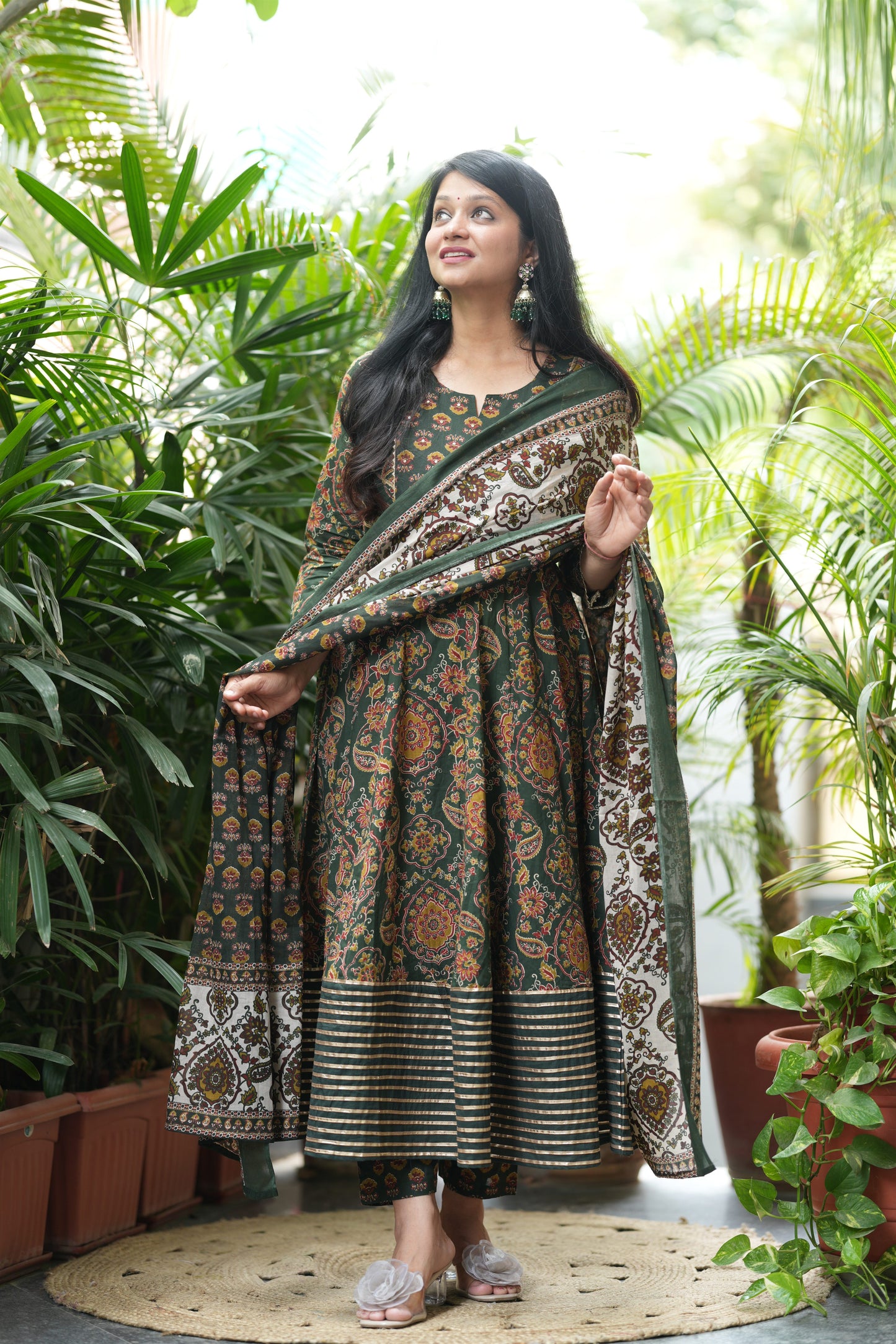 Adhira Green Cotton Anarkali Suit Set