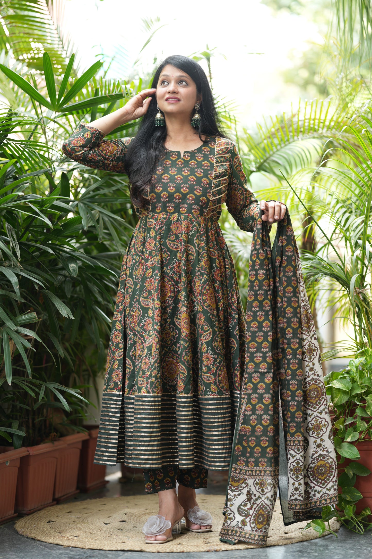Adhira Green Cotton Anarkali Suit Set
