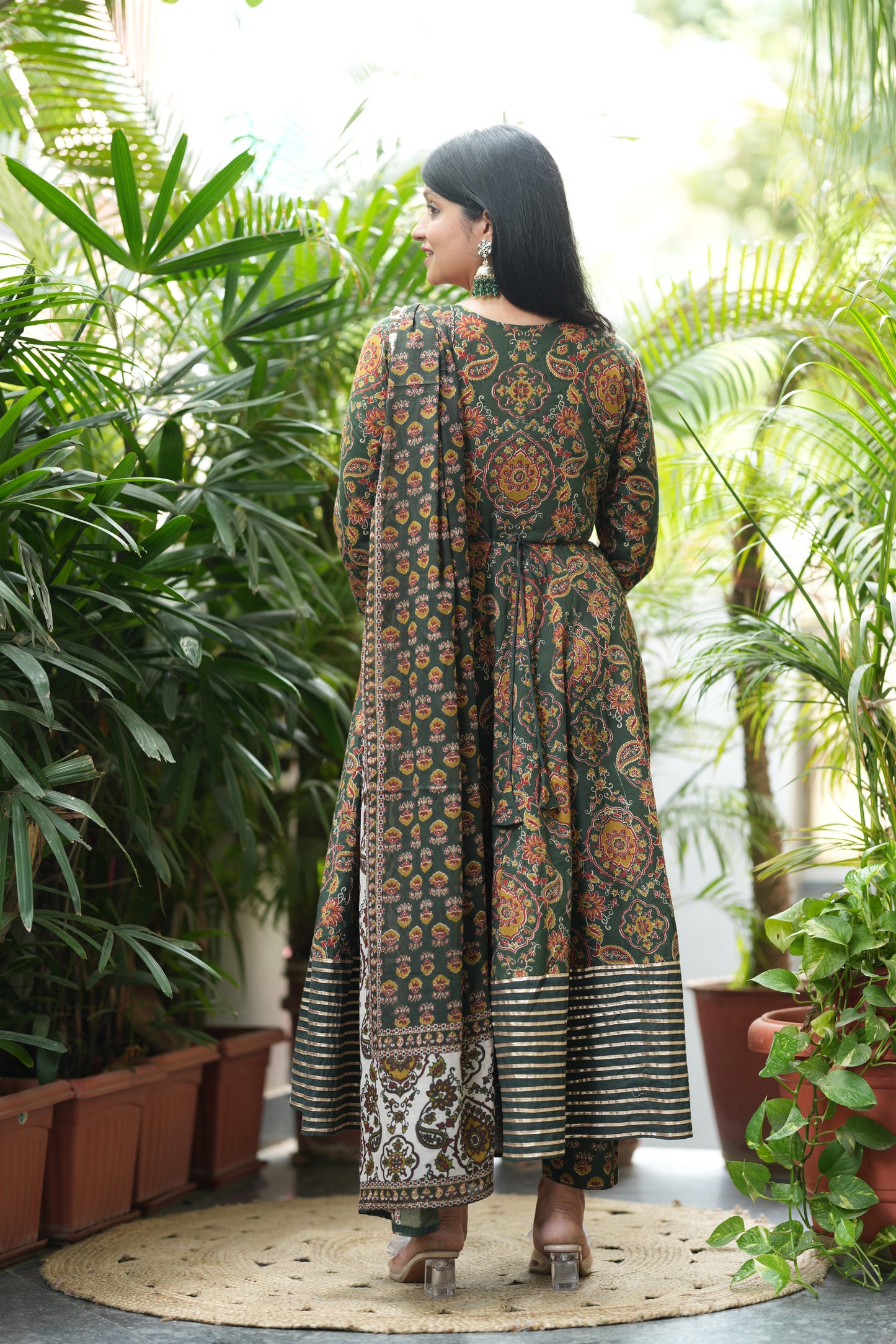 Adhira Green Cotton Anarkali Suit Set