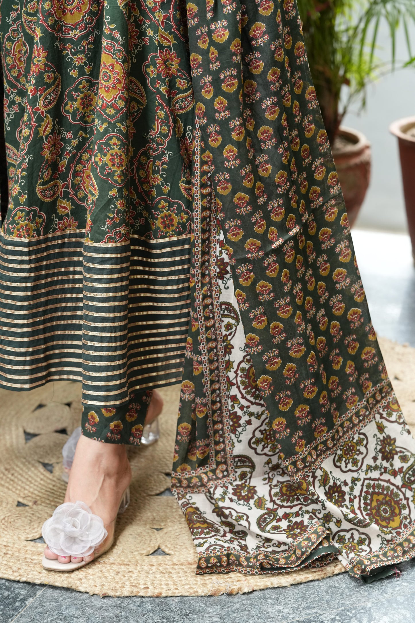 Adhira Green Cotton Anarkali Suit Set