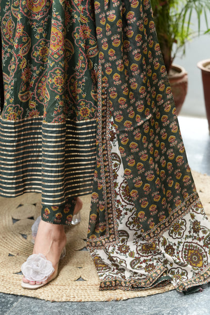 Adhira Green Cotton Anarkali Suit Set