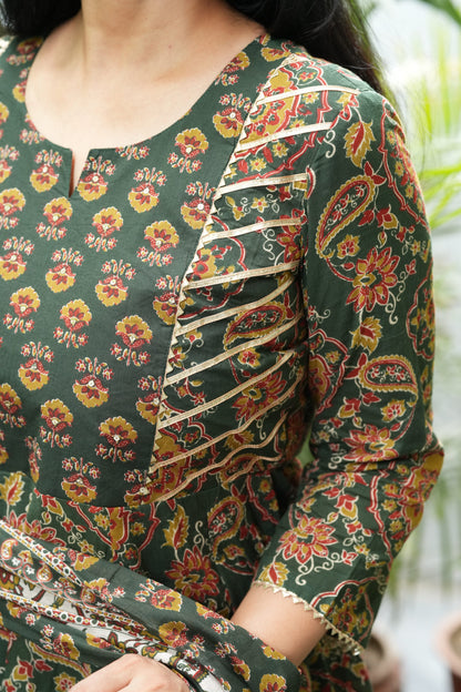 Adhira Green Cotton Anarkali Suit Set