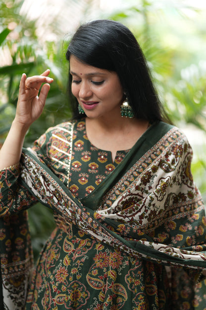 Adhira Green Cotton Anarkali Suit Set