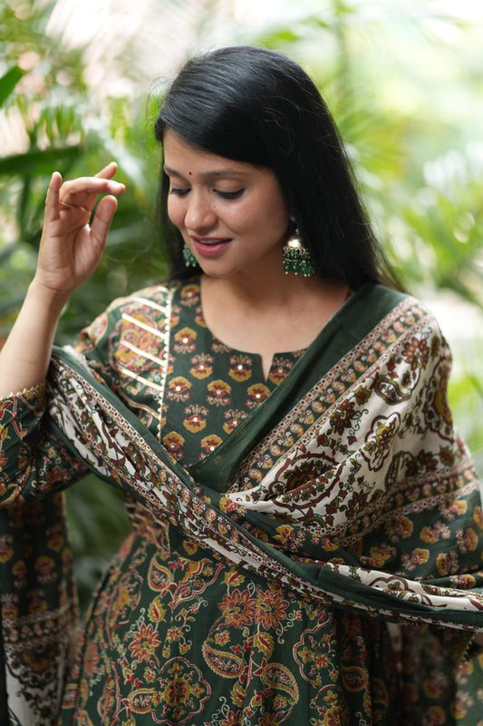 Adhira Green Cotton Anarkali Suit Set